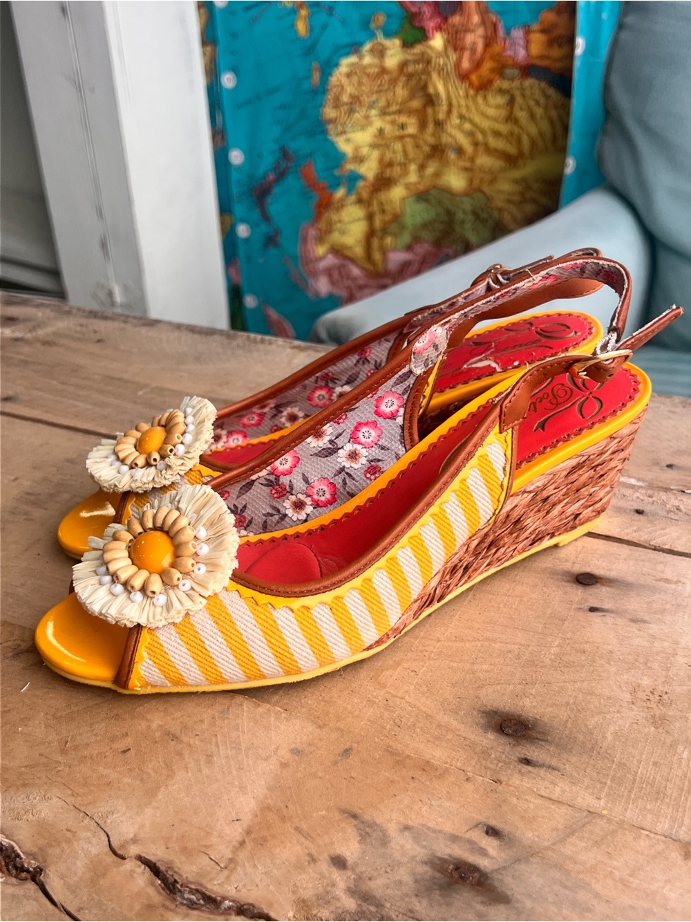 Poetic License Yellow Striped Floral Wedge Sandals